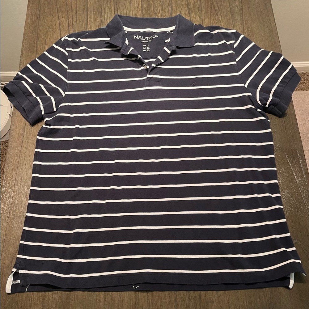 Nautica Men's Dark Blue and White Striped Polo